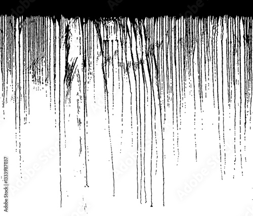 Seamless pattern background of black silhouette of long detailed splashes of splattered paint flowing down isolated on white. Not traced vector illustration