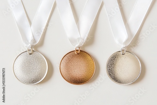 Blank Award Medals Gold, Silver, Bronze on White Ribbons