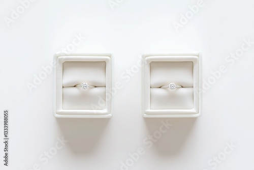 Elegant Pair of Diamond Engagement Rings in White Boxes, Top View