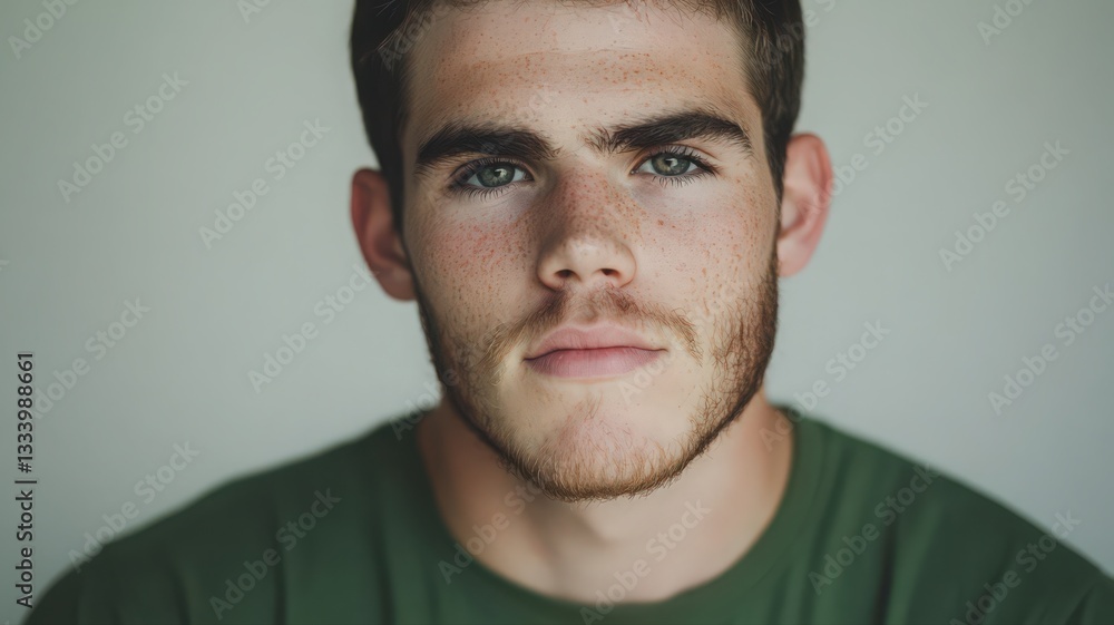 Obraz premium Portrait of a Young Freckled Man in a Green Shirt