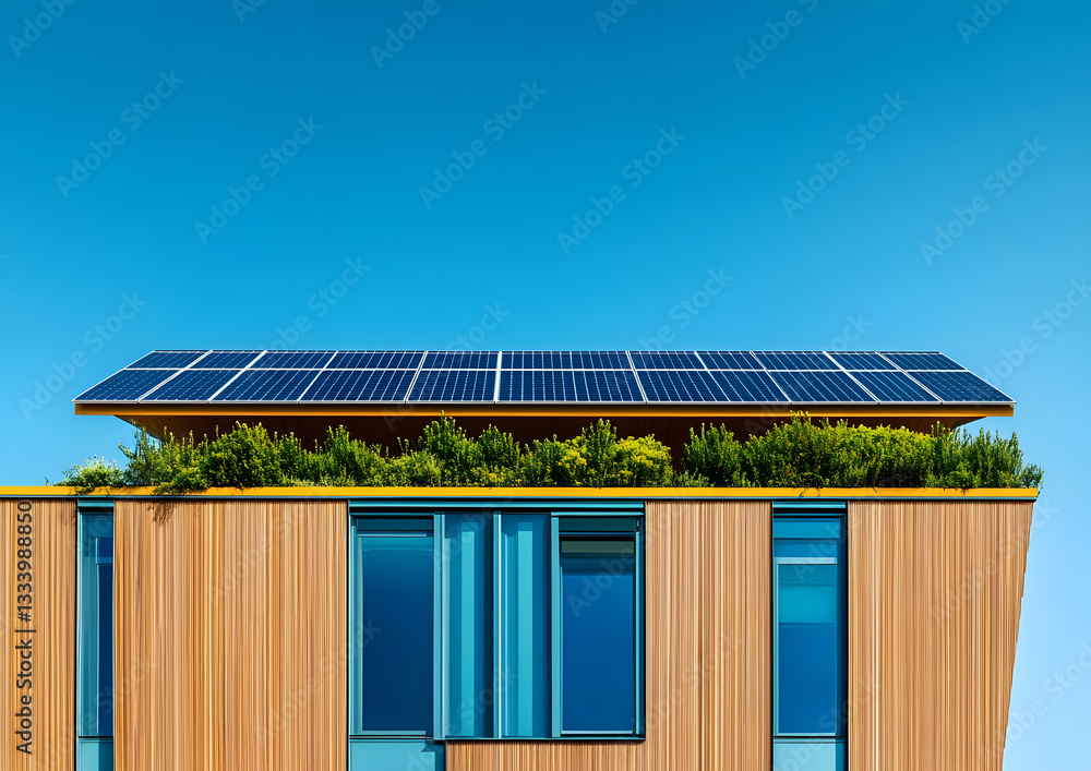 Fototapeta premium Eco-Chic Earth Day Aesthetics Perfect Symmetry in Solar-Paneled, Sustainable Architecture for Modern Home Design and Spring Renovation Trends