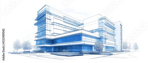 Perspective view of a modern hospital building in architectural blueprint style, rising into the sky with clean lines and a contemporary design