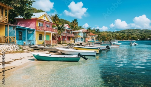 Vibrant waterfront houses with colorful boats.  A picturesque coastal scene of pastel-colored houses lining a beach, with small boats moored in the shallow, clear water