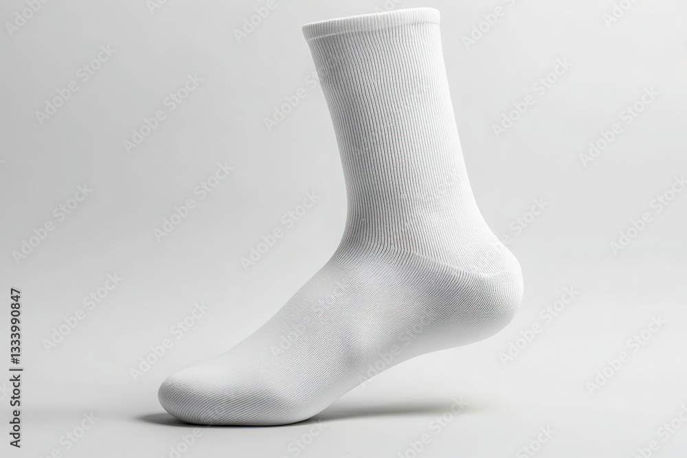 White Crew Socks Mockup Realistic 3D Render of a Single Sock on a Plain Background