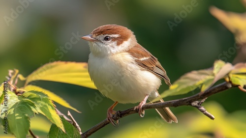 Small Brown and White Bird Perched on Branch with Yellow-Green Leaves