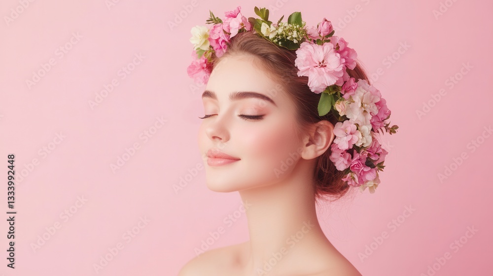 Fototapeta premium Beautiful pink wearing woman flowers crown posing on pink background