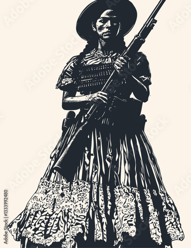 Vector illustration of a female revolutionary in traditional Mexican dress holding a rifle. a woman in a wide skirt with floral pattern, ammunition belts across chest, and wide-brimmed hat.