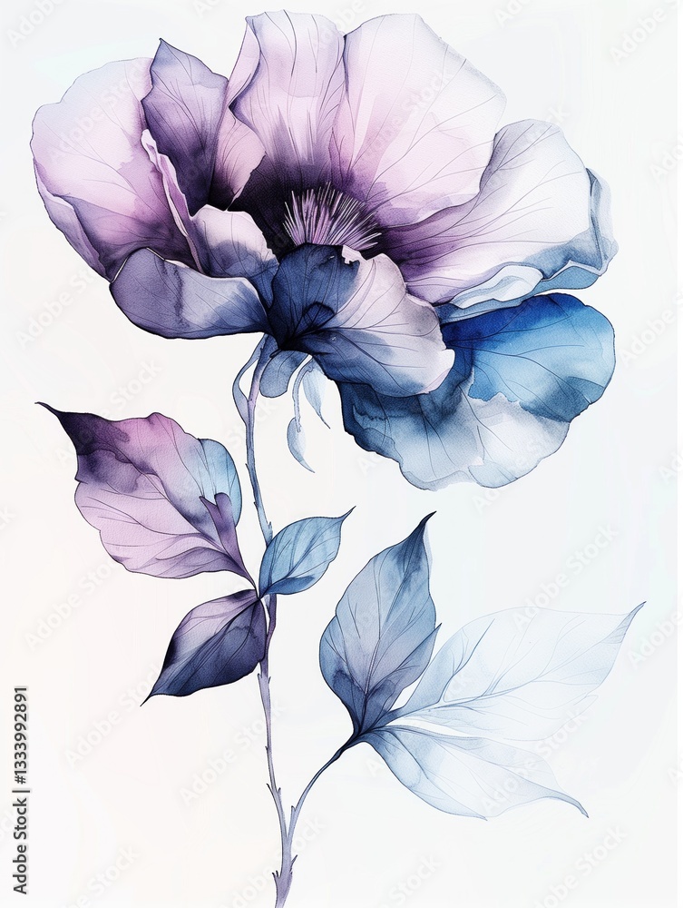Fine line ink illustration of a delicate flower painted in dark blue and purple watercolors, isolated on a soft white watercolor paper background
