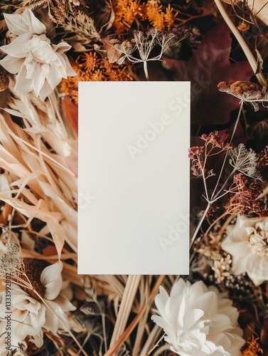 Obraz na płótnie Elegant blank card mockup with dried autumn flowers, ideal for celebration and wedding invitations on a white background w salonie