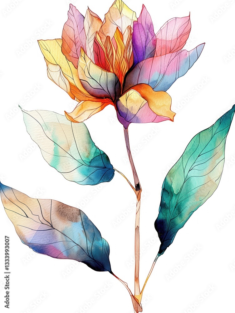 Ink and watercolor illustration of a flower, precise silhouette, only the interior painted, clean white background