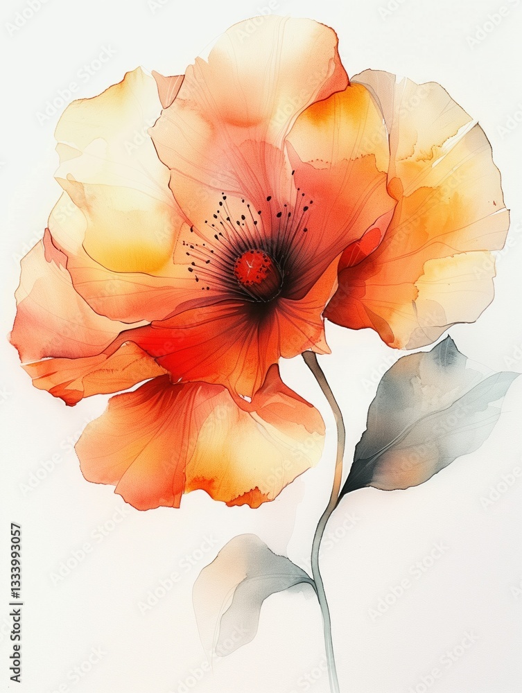Minimalist watercolor poppy with soft transparent petals, delicate botanical art on white background