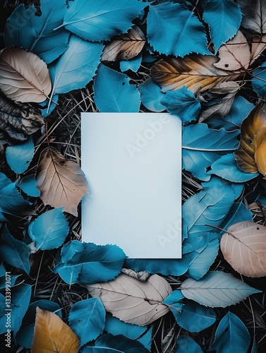 Modern vertical letter mockup arranged on a floor of blue leaves, featuring one vibrant orange leaf that creates a focal point within a clean and dynamic composition.