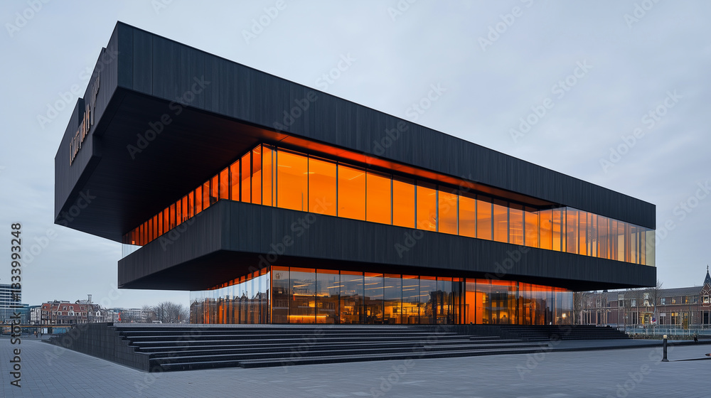 This dynamic building features a bold cantilevered structure, combining dark concrete with vivid orange glass panels for a visually striking design This dynamic building features a bold cantilevered structure, combining dark concrete with vivid orange glass panels for a visually striking design