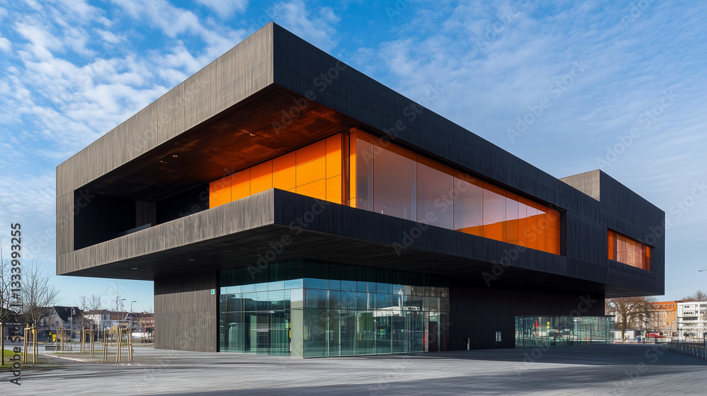 This dynamic building features a bold cantilevered structure, combining dark concrete with vivid orange glass panels for a visually striking design This dynamic building features a bold cantilevered structure, combining dark concrete with vivid orange glass panels for a visually striking design