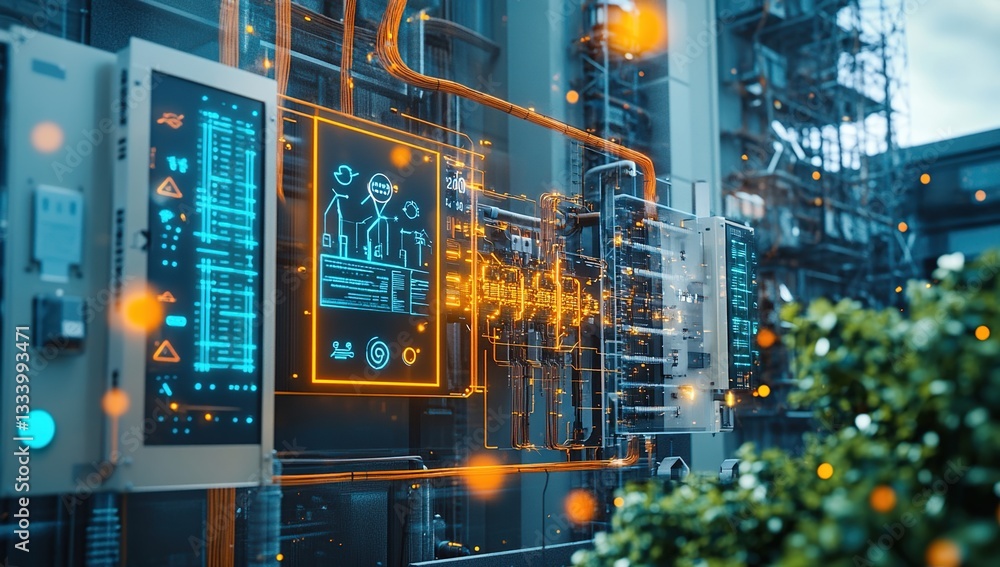 Fototapeta premium Advanced Industrial Control Systems: Visualizing Data for Enhanced Efficiency and Monitoring of Complex Processes in Modern Factories