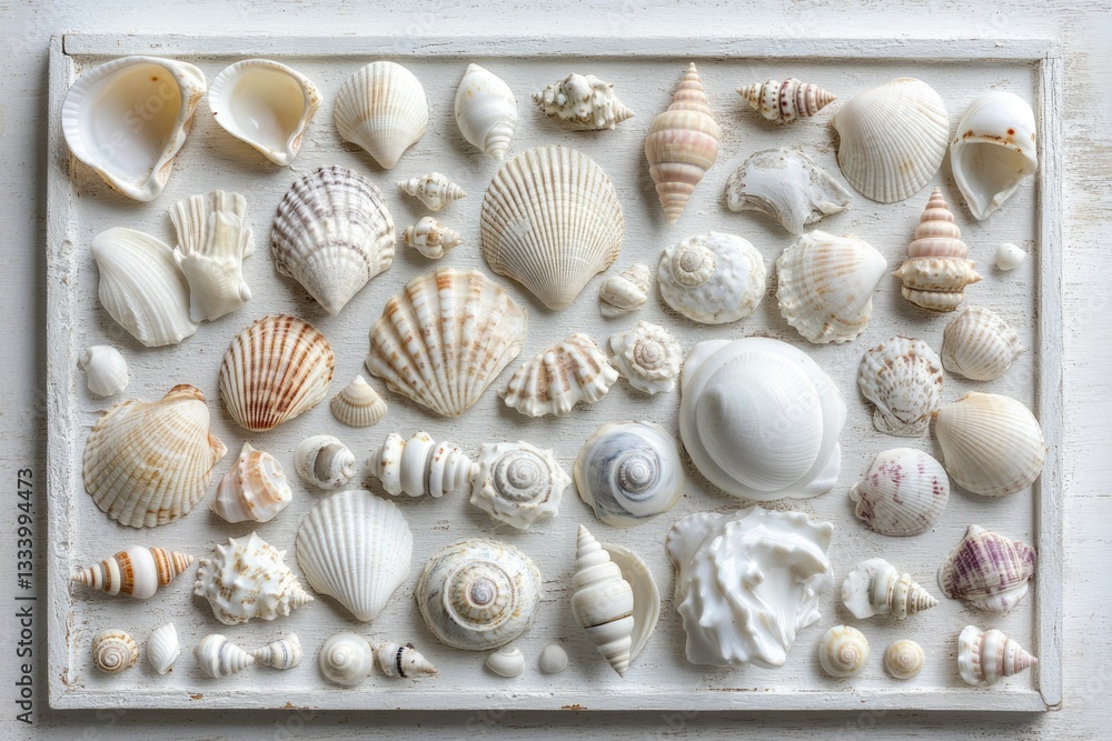 A collection of various seashells in shades of white and beige, arranged on a white wooden tray. A collection of various seashells in shades of white and beige, arranged on a white wooden tray.