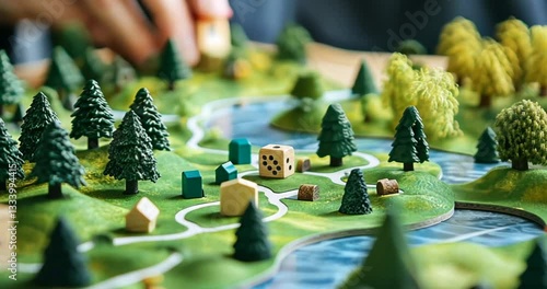 Close Up of Hands Playing a Board Game with Miniature Houses and Trees