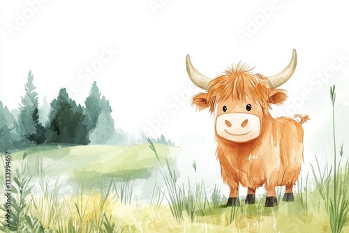 A charming illustration of a Highland cow standing in a grassy field, surrounded by trees and a serene landscape.