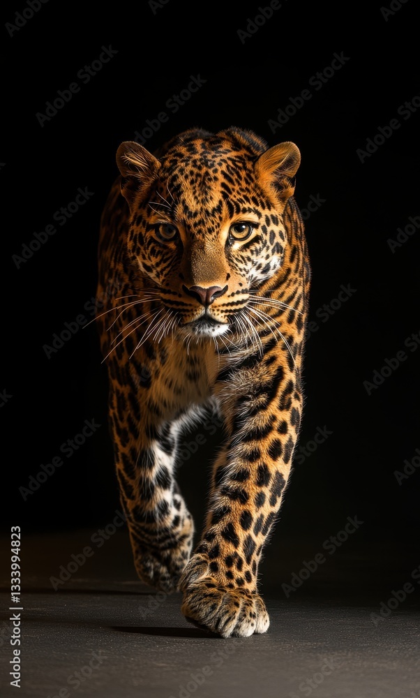 Obraz premium Majestic leopard walking confidently toward the viewer in dramatic lighting against a dark background, showcasing stunning fur patterns and fierce expression
