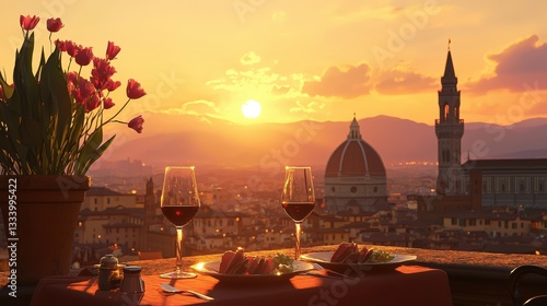 A cozy rooftop italian dinner overlooking florence with a glass of wine and plate of food set for an enjoyable meal