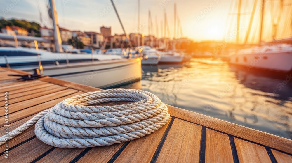 Obraz premium Sunlit Marina with Sailing Boats and Coiled Rope on Wooden Dock