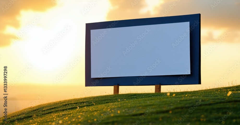 Fototapeta premium Paper cutout of large empty billboard on grassy hillside under golden sunset deep navy and bright silver symbolizing unspoken messages