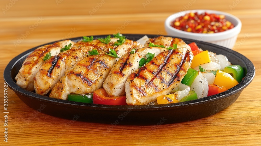 A sizzling dish featuring grilled chicken on a hot skillet, accompanied by colorful vegetables and a bowl of dipping sauce. A sizzling dish featuring grilled chicken on a hot skillet, accompanied by colorful vegetables and a bowl of dipping sauce.