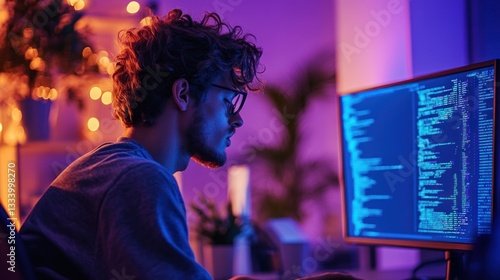 Young software engineer intently debugging complex code displayed on a computer screen