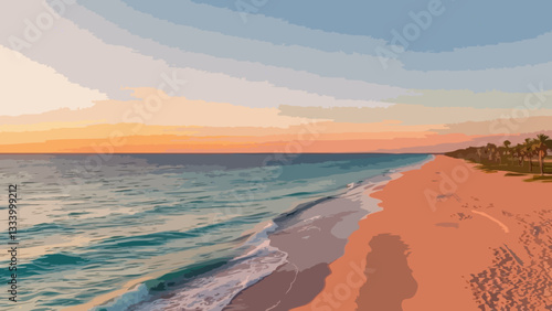 Drone capture of a sandy beach at sunset