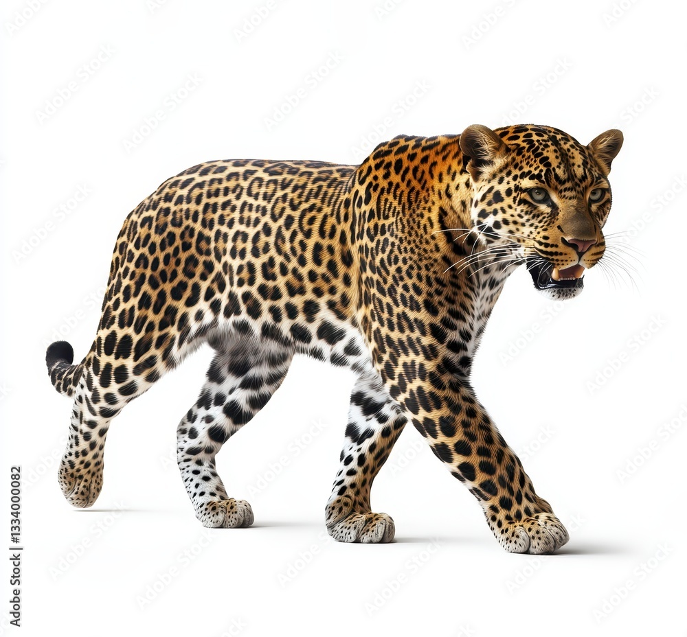 Majestic Leopard Walking Gracefully on White Background Showcasing Distinctive Spots and Powerful Muscles in Natural Stance and Expression Majestic Leopard Walking Gracefully on White Background Showcasing Distinctive Spots and Powerful Muscles in Natural Stance and Expression