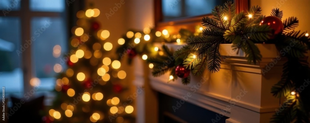 Obraz premium Garland draped with twinkling lights on a mantel, festive, fireplace, mantel
