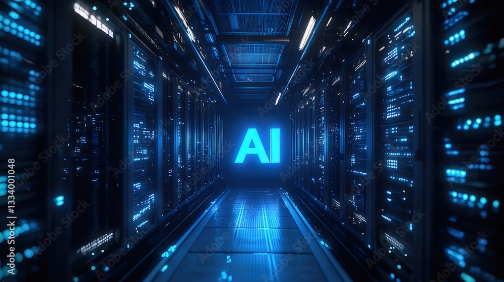AI Data Center: Futuristic Blue Illuminated Server Room Corridor AI Data Center: Futuristic Blue Illuminated Server Room Corridor