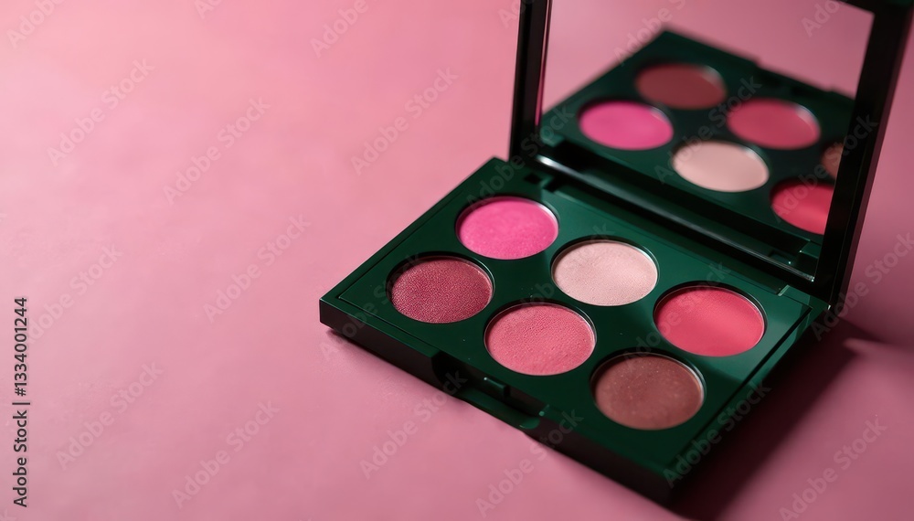 Pink eyeshadow palette, dark green accents, luxurious cosmetic display, sale, luxury Pink eyeshadow palette, dark green accents, luxurious cosmetic display, sale, luxury