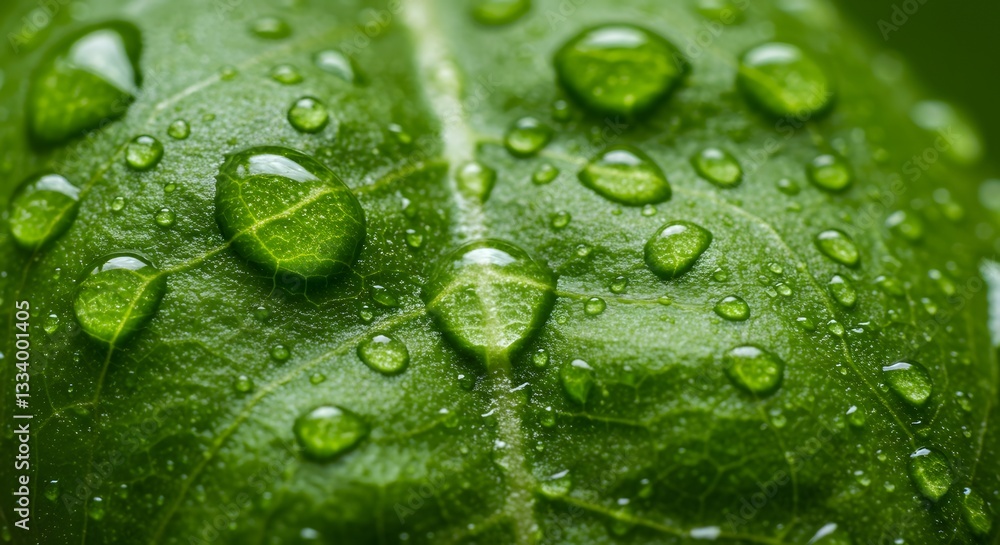 Closeup vibrant green leaf with sparkling water droplets dew wet eco macro plant fresh juicy clean Closeup vibrant green leaf with sparkling water droplets dew wet eco macro plant fresh juicy clean