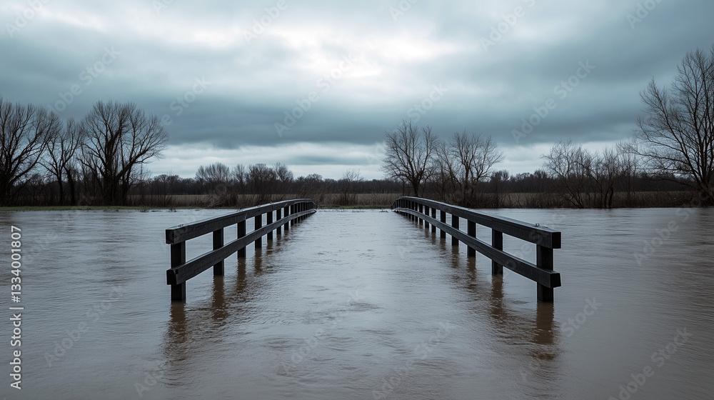 Naklejka premium Flooded bridge under cloudy sky in moody landscape