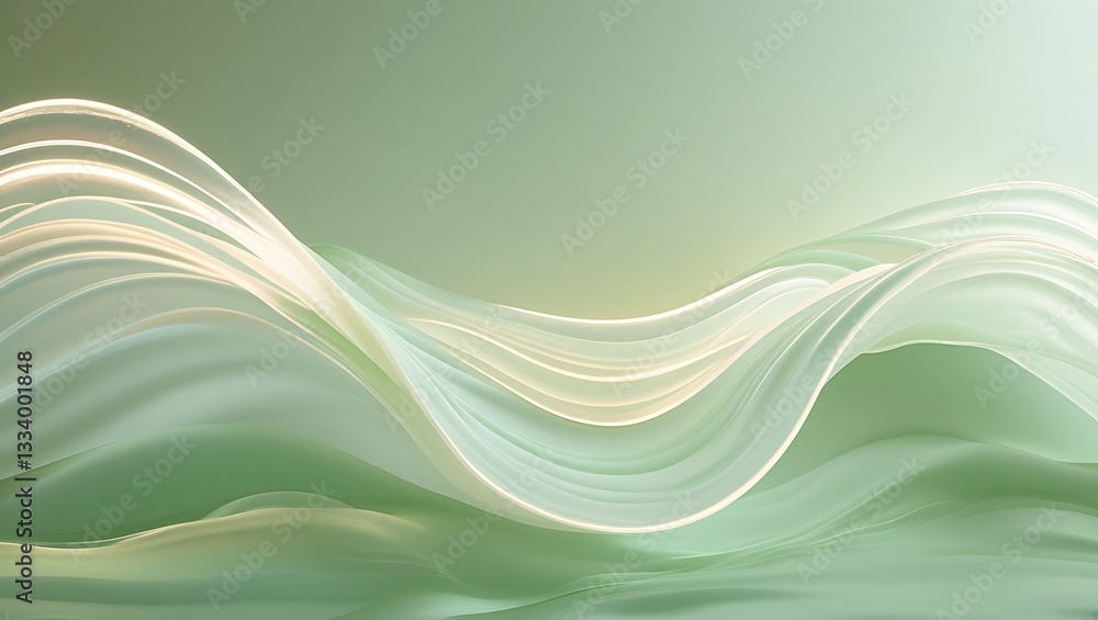 Fototapeta premium Serene Pastel Green Waves Flowing Gently, Creating A Calming And Peaceful Atmosphere With Soft Light Highlighting The Curves