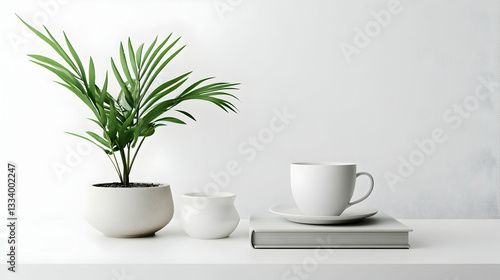 Wallpaper Mural Minimalist home decor with plant, cup of coffee, and book on a white table for lifestyle Torontodigital.ca
