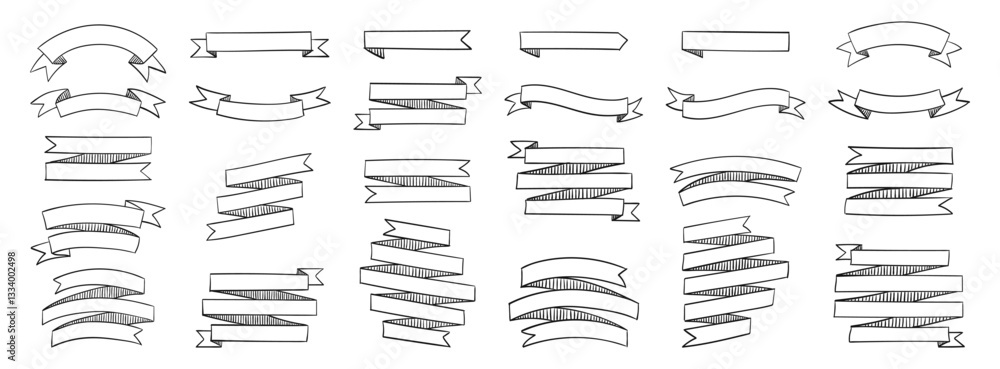 Obraz premium Hand-Drawn Sketch Ribbon Banner Collection Vector Doodle Set