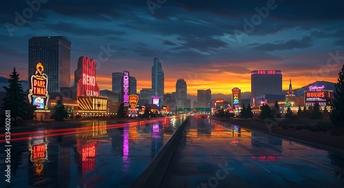 Reno Nevada Skyline at Sunset with Colorful Reflections on Wet Road
