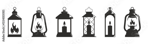 Vintage Lantern Vector Icons with Flames and Candles