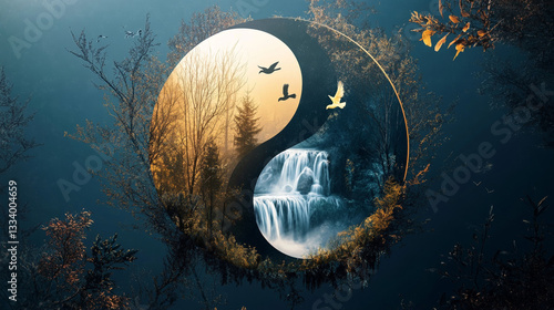 Yin yang symbol with waterfall and trees in natural setting