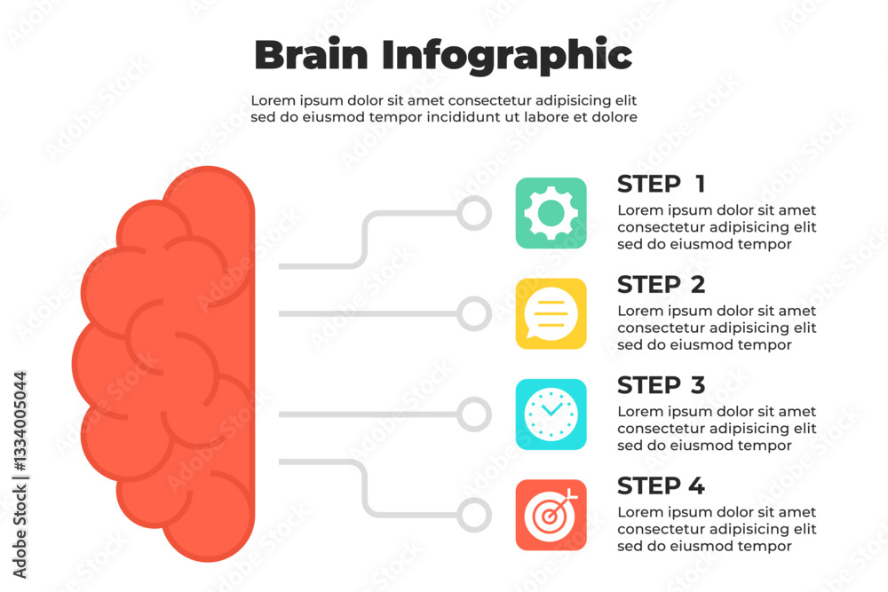 Left-brain concept infographic with connected icons illustrating logical progression Left-brain concept infographic with connected icons illustrating logical progression