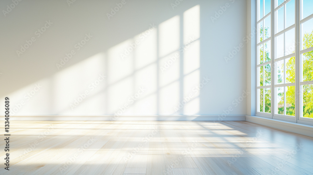 Bright room with large windows casting shadows on wooden floor, creating serene atmosphere filled with natural light Bright room with large windows casting shadows on wooden floor, creating serene atmosphere filled with natural light