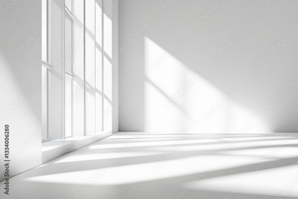 Fototapeta premium Sunlight streams into a minimalist white room illuminating the floor and walls, creating a serene atmosphere,