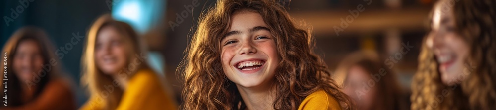Happy Teen Girl Smiling in a Group of Peers During a Practice Session. Generative AI Happy Teen Girl Smiling in a Group of Peers During a Practice Session. Generative AI