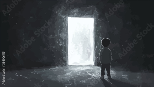 The image is a digital painting or illustration depicting a child standing before a brightly lit doorway in a dark, stone room. The child is rendered as a dark silhouette, facing the luminous