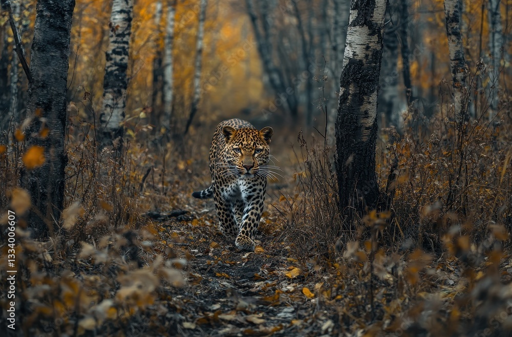 Majestic Leopard Walking Through a Serene Autumn Forest Surrounded by Tall Birch Trees and Fallen Leaves in Soft Natural Light Majestic Leopard Walking Through a Serene Autumn Forest Surrounded by Tall Birch Trees and Fallen Leaves in Soft Natural Light