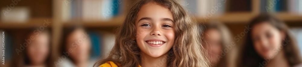 A young girl with developmental disability reading aloud to her peers in a cozy setting. Generative AI A young girl with developmental disability reading aloud to her peers in a cozy setting. Generative AI