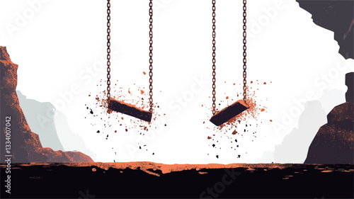 Digital illustration depicting two dilapidated wooden swings hanging from chains against a stark, minimalist landscape.  The swings are breaking apart, with fragments scattered around them. The