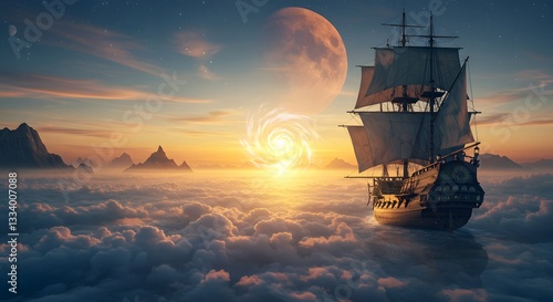 Sailing Ship Above Clouds at Sunset with Portal and Large Moon